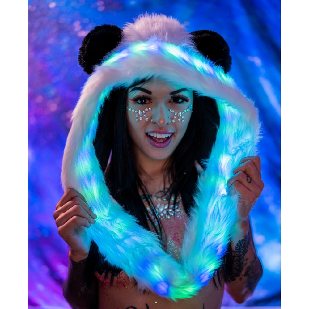LED Fur Panda Hood 20+ Modes w/ Remote‎ 3D Ears White Black Color Changing NWT